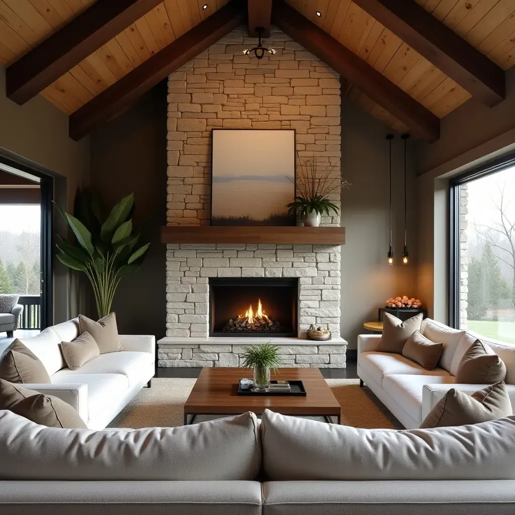 a photo of a modern rustic living room featuring a stone fireplace and plush seating