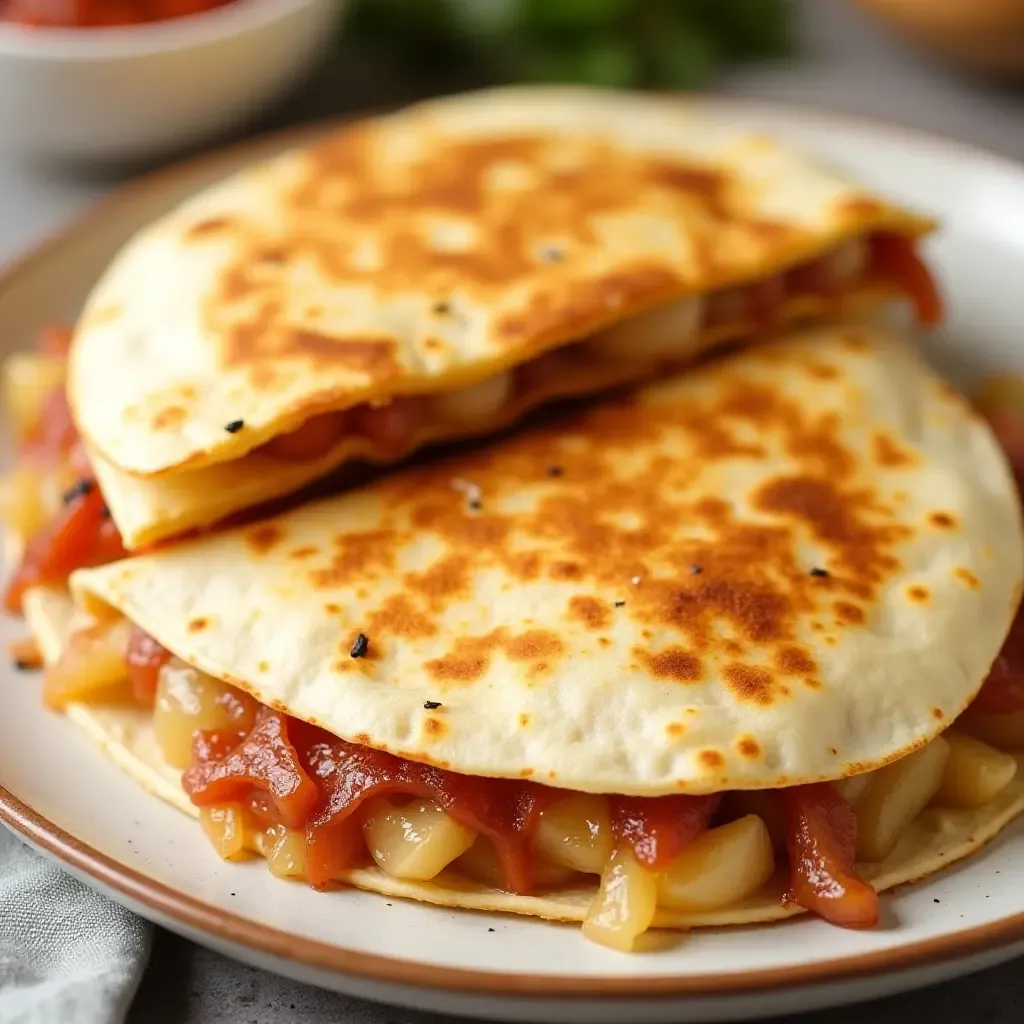 a photo of corn tortilla quesadillas with caramelized onions and goat cheese.