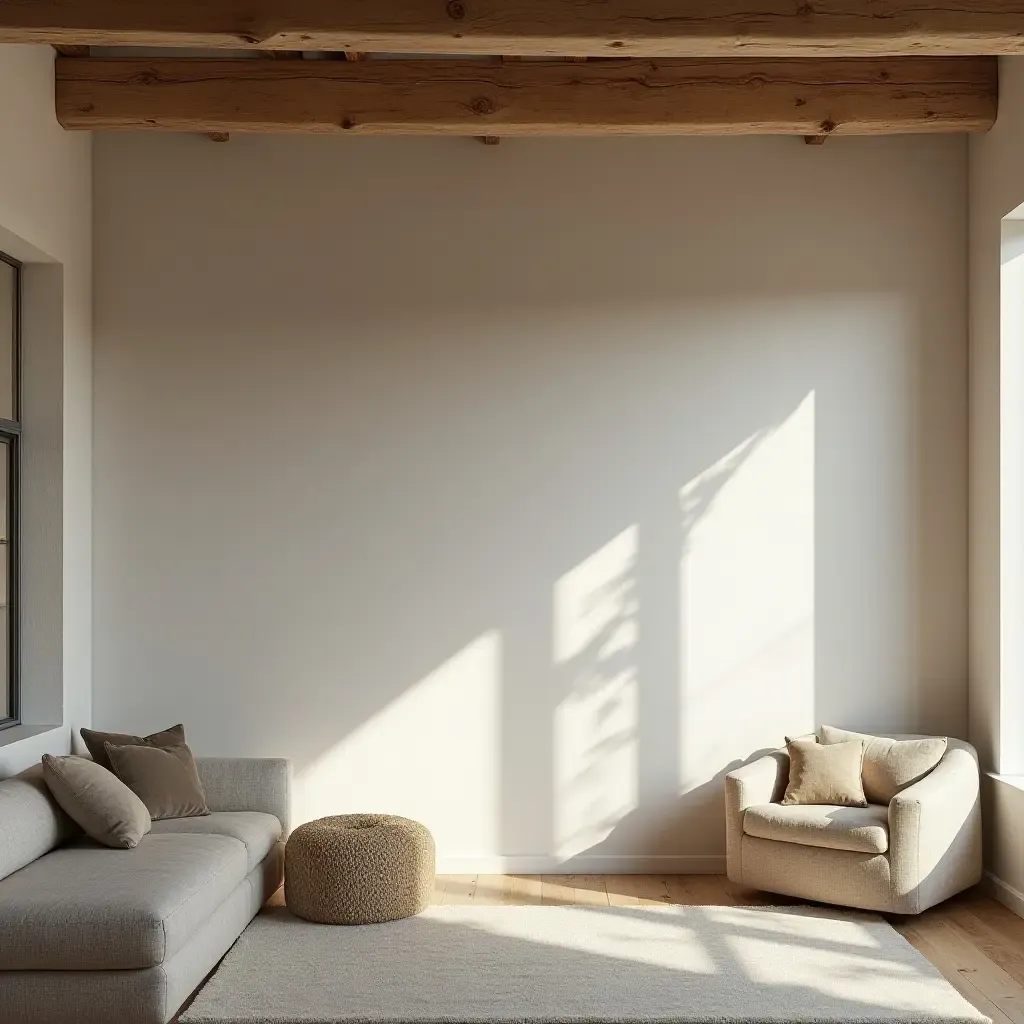 a photo of a living room with a rustic wooden beam ceiling and soft cushions