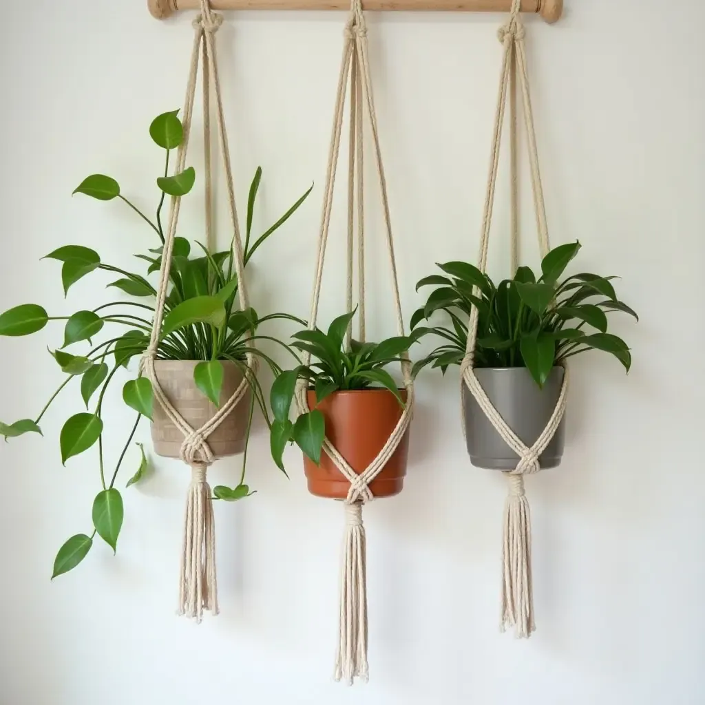 a photo of hanging macramé planters with lush green plants