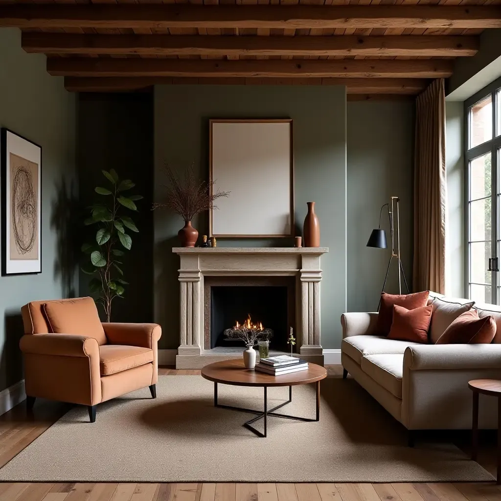 a photo of a rustic living room showcasing velvet armchair, wooden beams, and leather details