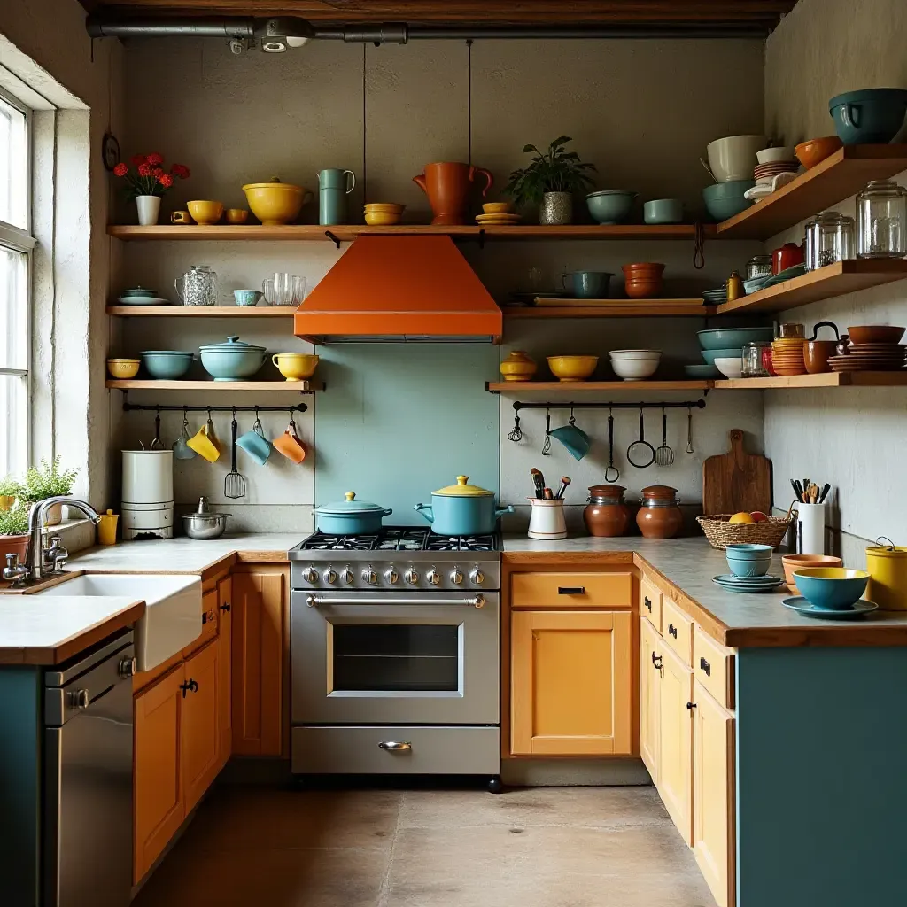 a photo of a kitchen with colorful vintage dishware in an industrial setting