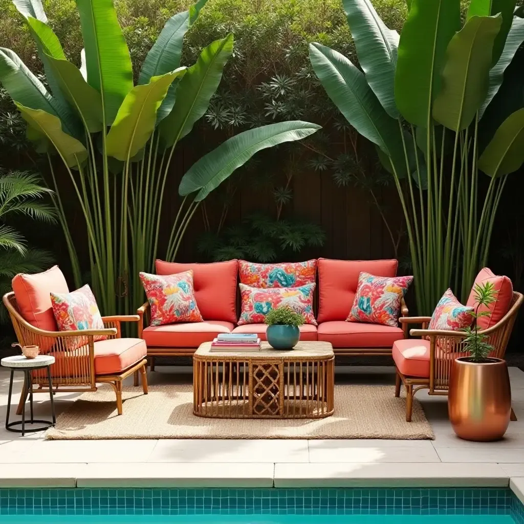 a photo of a tropical poolside oasis featuring vibrant fabric cushions, bamboo wood furniture, and copper metal details