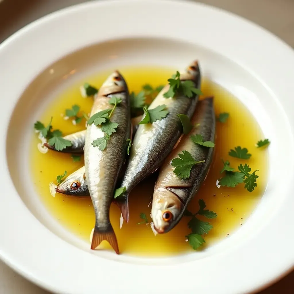 a photo of boquerones en vinagre, marinated anchovies with garlic and parsley, served on a white plate.