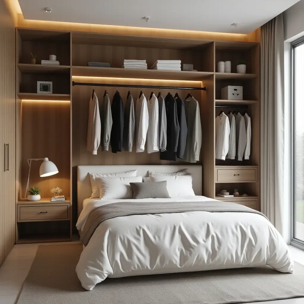 a photo of a modern bedroom with creative closet organization