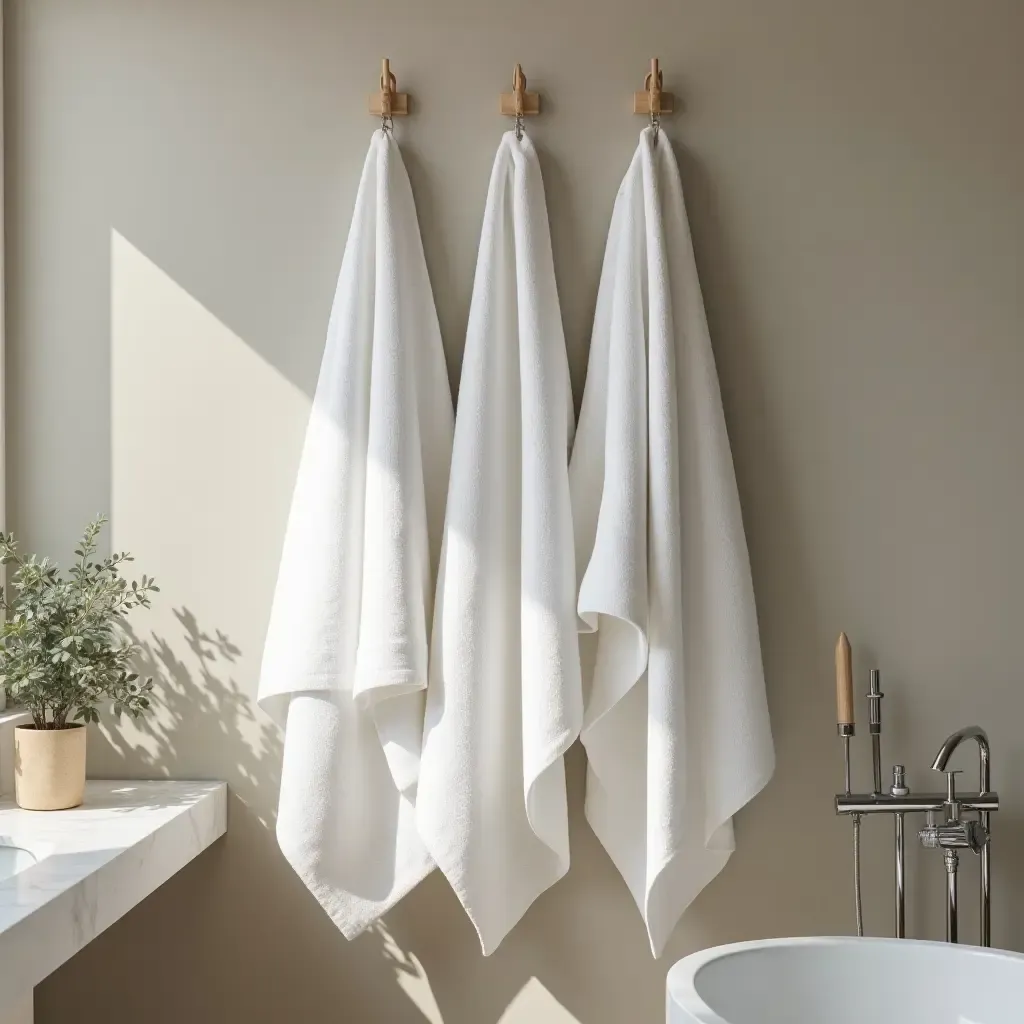 a photo of luxurious cotton towels hanging in a modern bathroom