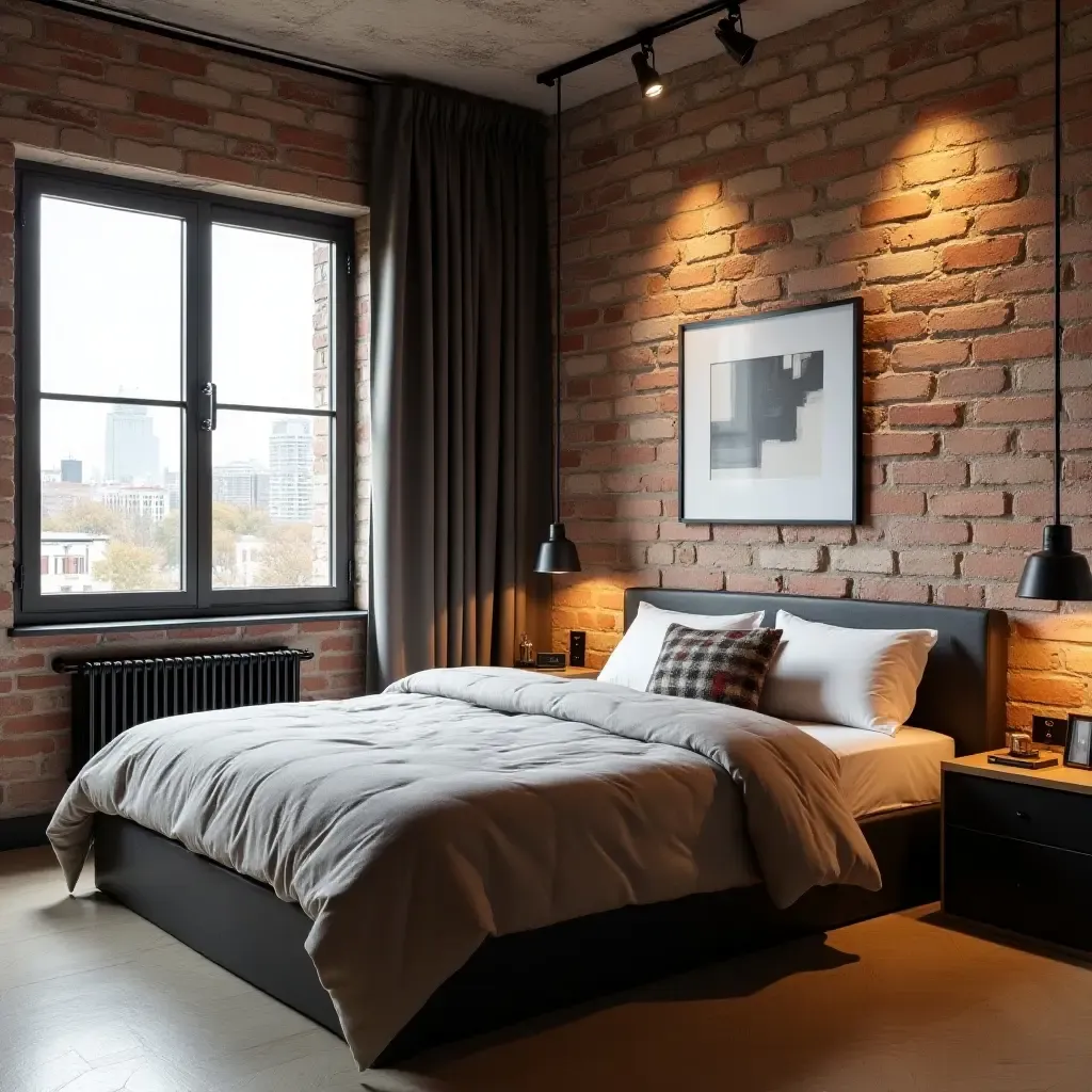 a photo of a teen bedroom with exposed brick walls and metal accents