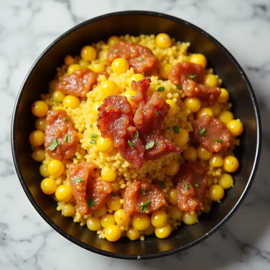 a photo of paella with crispy pancetta and lemon zest, modern plating.