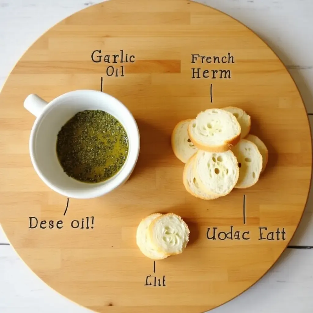 a photo of a wooden cutting board with French herb blend, garlic, and olive oil for dipping bread.