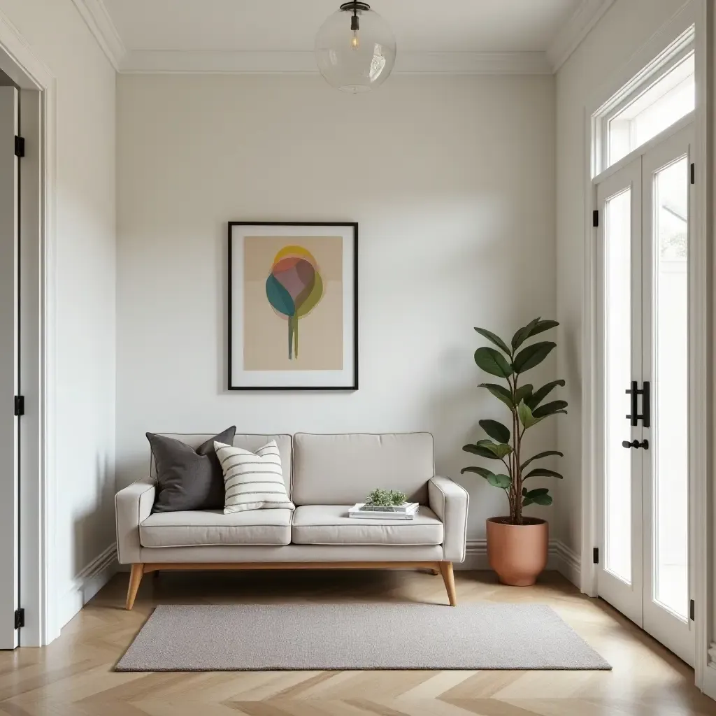 a photo of a modern entrance hall featuring a chic loveseat and wall art