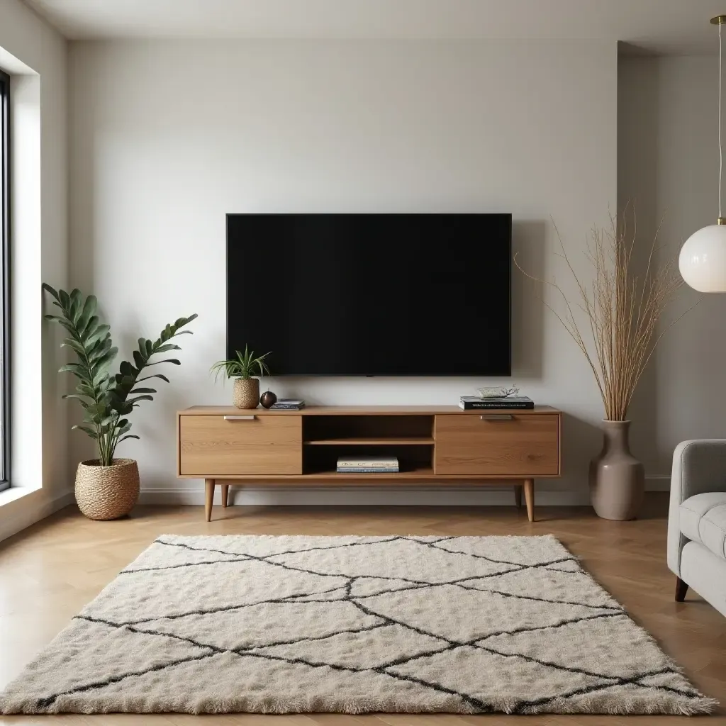 a photo of a stylish rug defining a small TV space