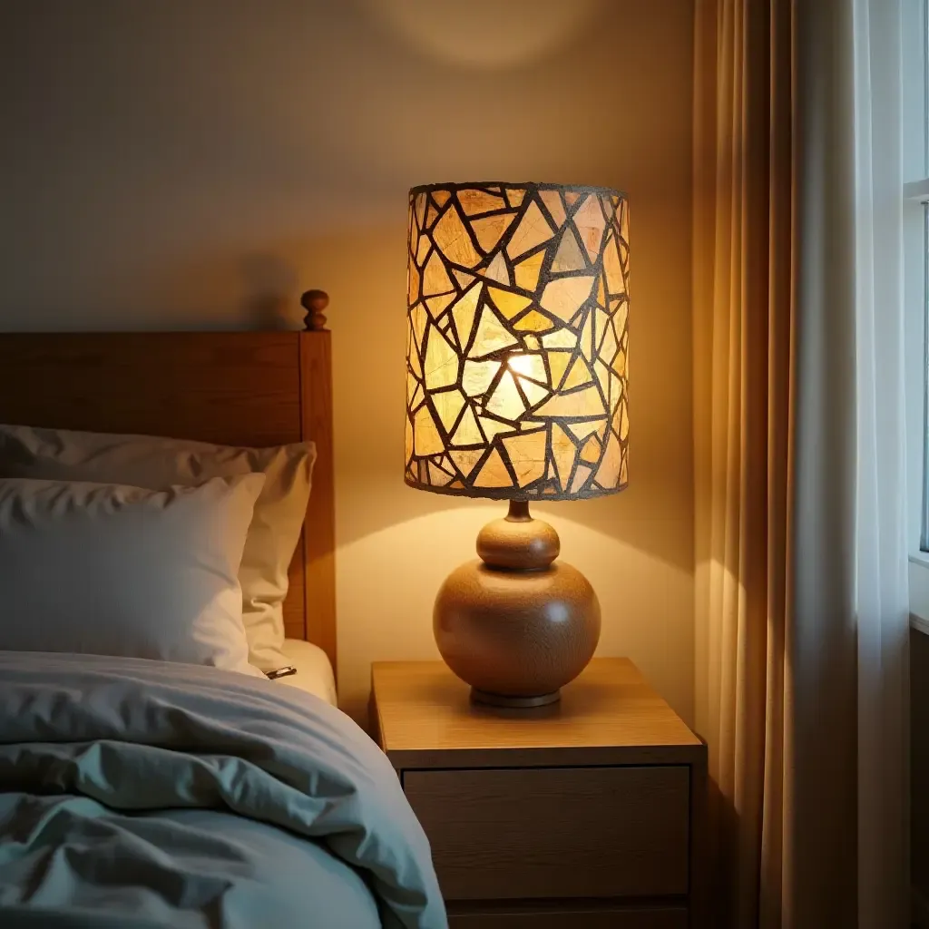 a photo of a bedroom featuring a unique, artistic lamp made of recycled materials