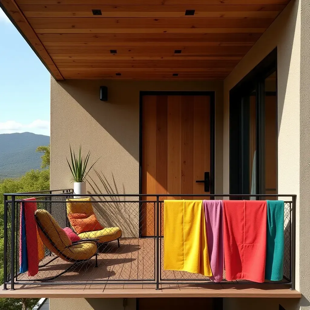 a photo of a vibrant balcony showcasing colorful fabric, warm wood, and cool metal