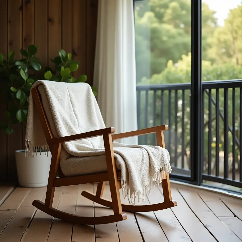 a photo of a balcony with a wooden rocking chair and blanket