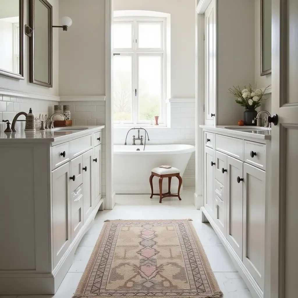 a photo of a stylish runner rug in a narrow bathroom