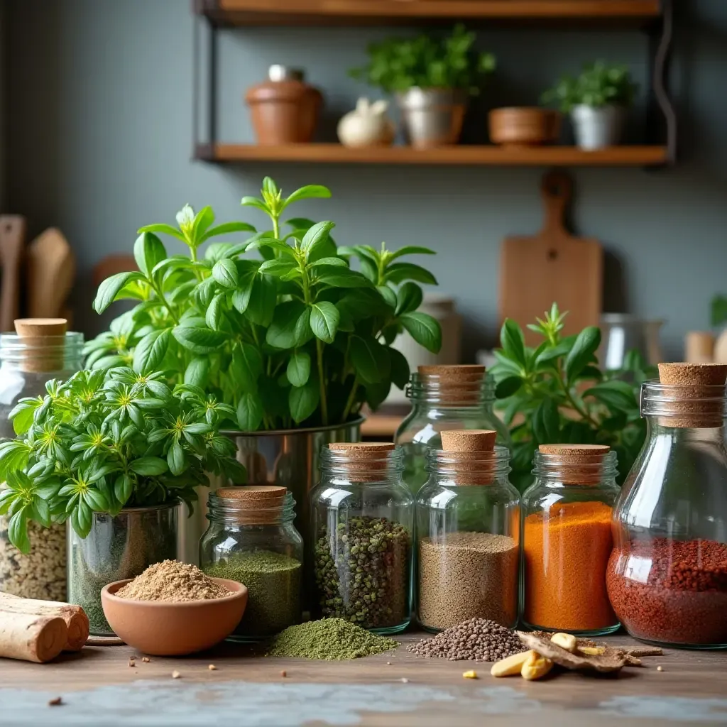 a photo of a kitchen filled with fresh herbs and spices in jars