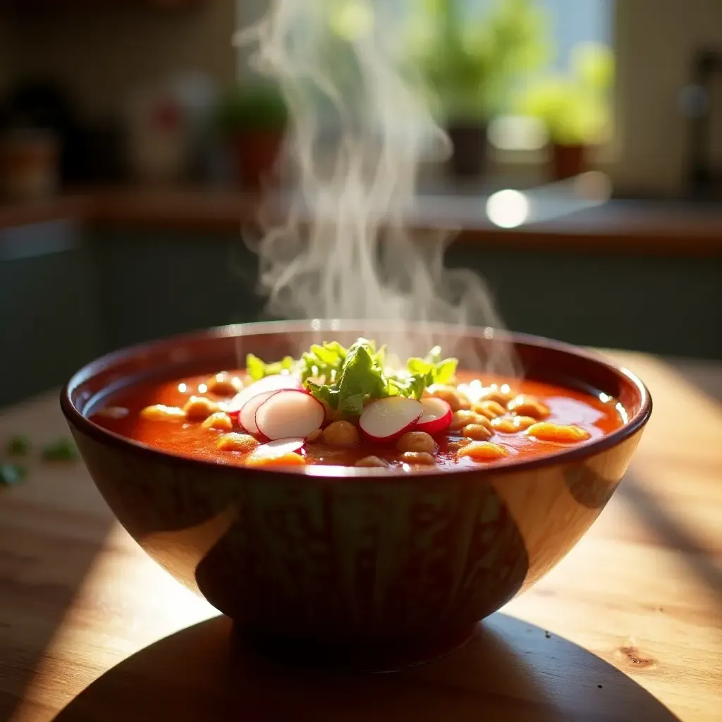 a photo of a steaming bowl of pozole rojo with radishes and lime on a sunny kitchen counter.