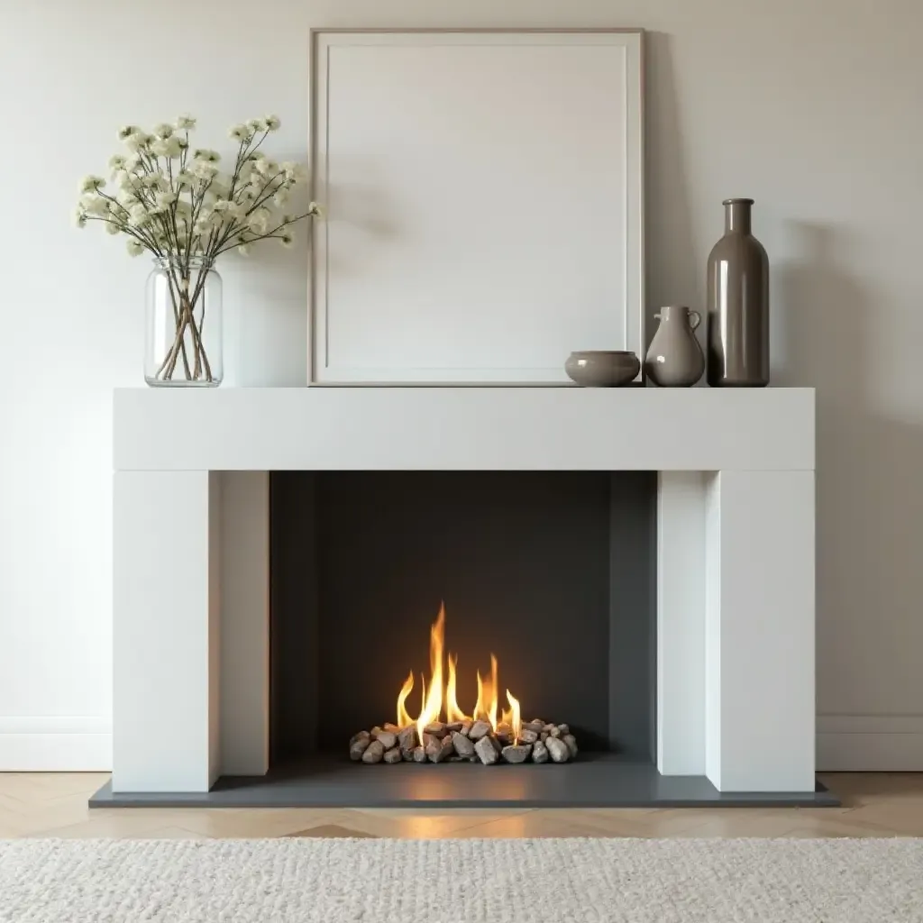 a photo of a sleek glass fireplace mantel with minimalist decor