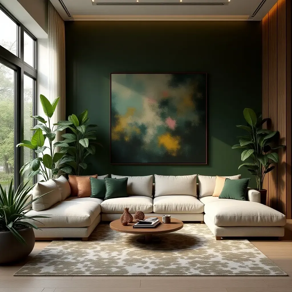 a photo of a luxurious living room with exotic plants