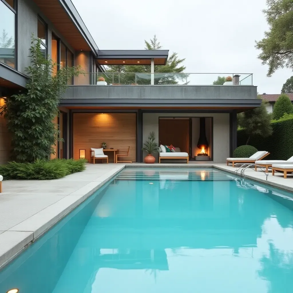 a photo of a modern pool area with hidden storage benches