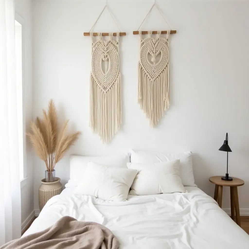 a photo of a minimalist bedroom with bohemian macrame wall hangings