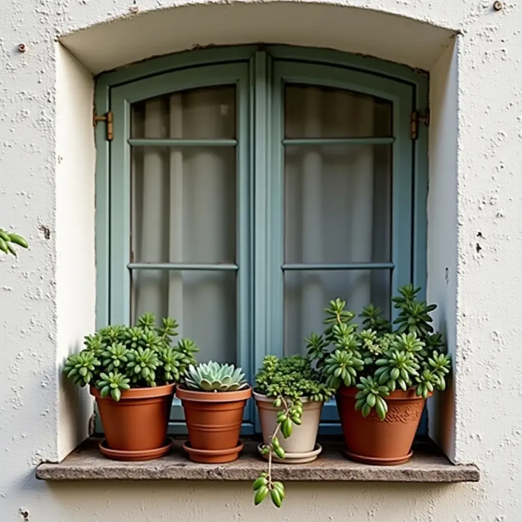 a photo of a quaint window sill with potted succulents