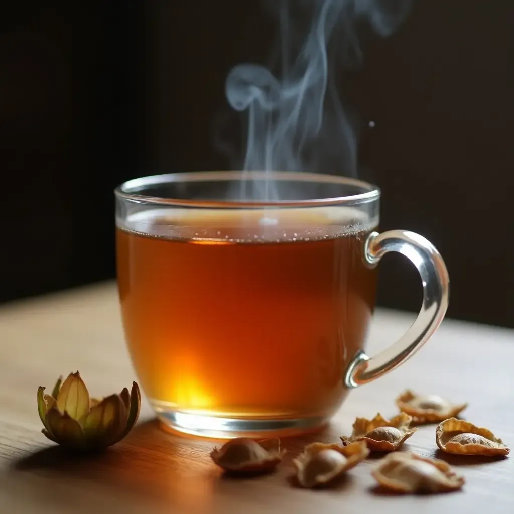 a photo of a steaming cup of Trà Atiso, Vietnamese artichoke tea, with dried artichoke petals nearby.