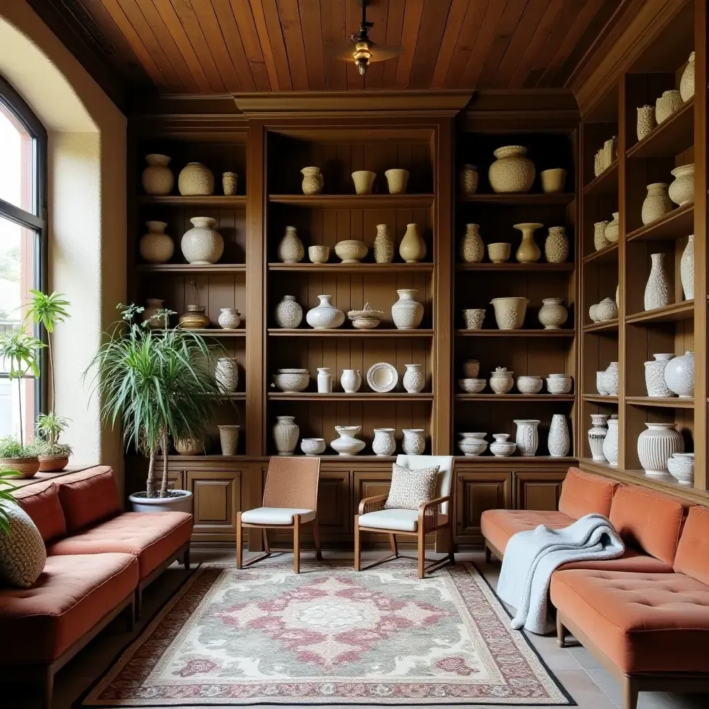 a photo of a library showcasing Mediterranean ceramics and unique decor items