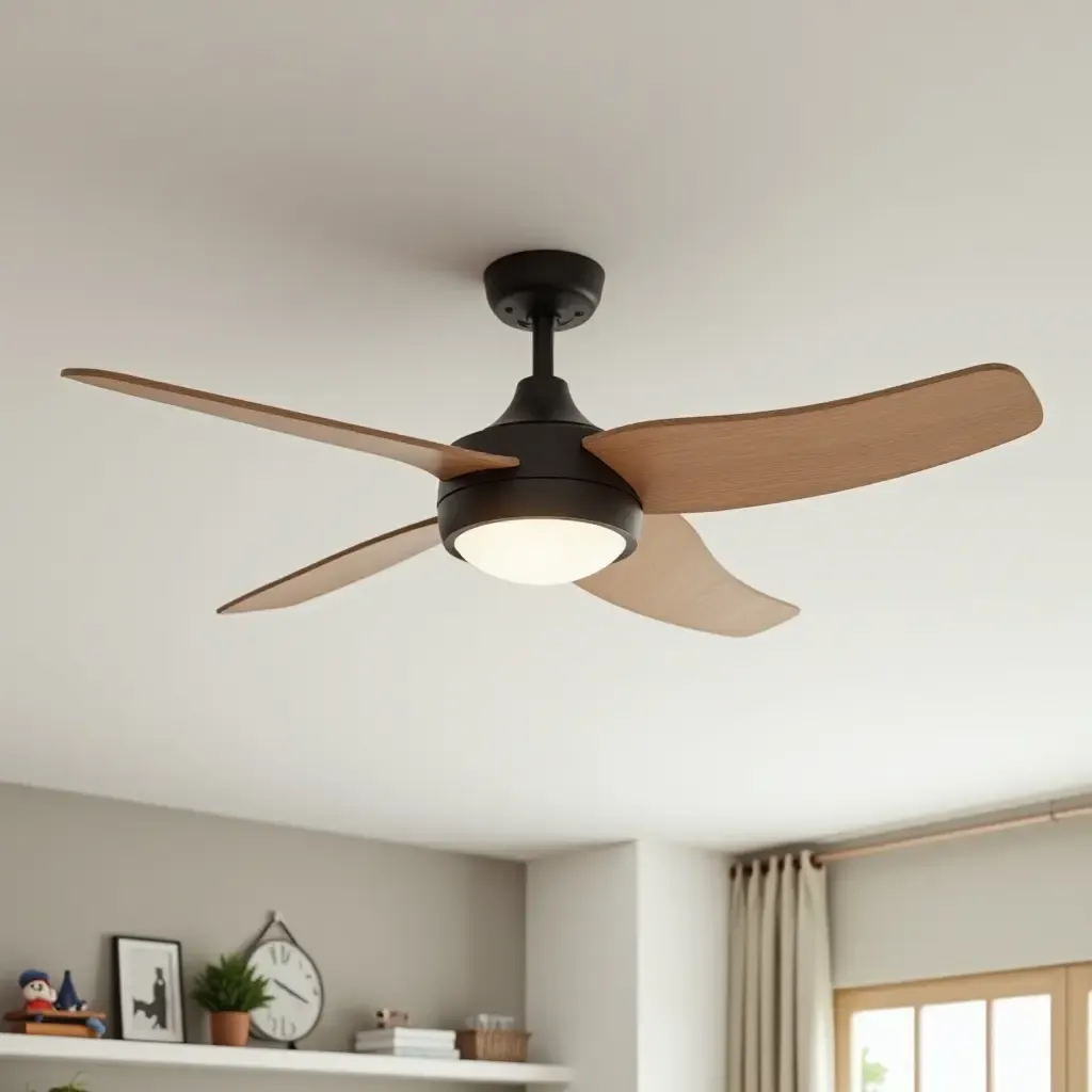 a photo of a ceiling fan with an industrial design in a kids&#x27; room