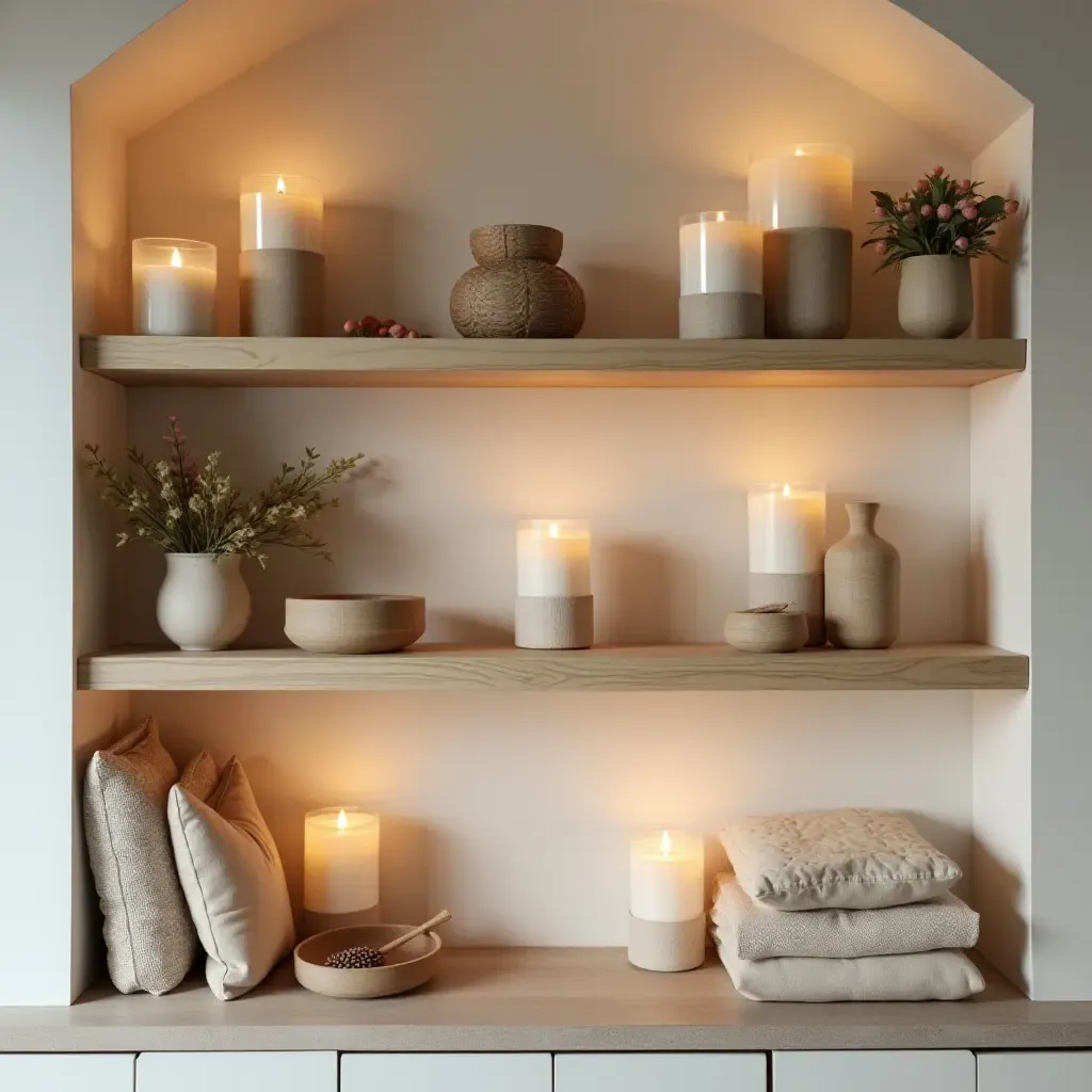 a photo of a chic balcony shelf displaying handmade crafts and candles