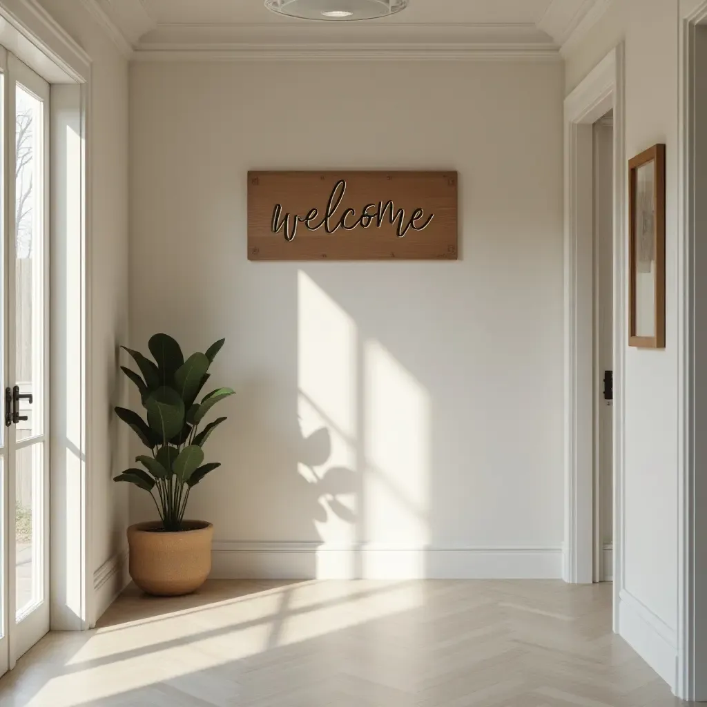 a photo of a wooden welcome sign in a stylish hallway