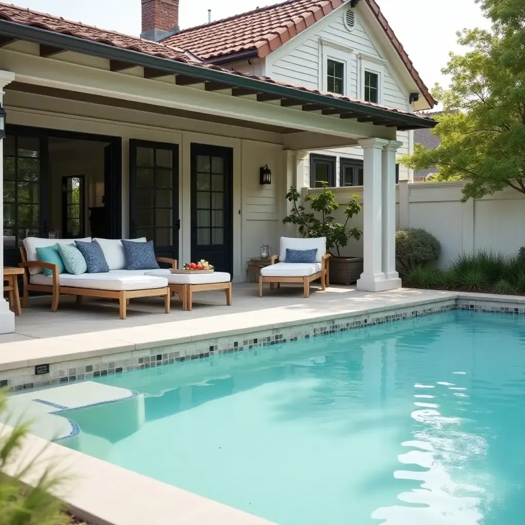 a photo of a stylish outdoor lounge by the pool with farmhouse-inspired accents