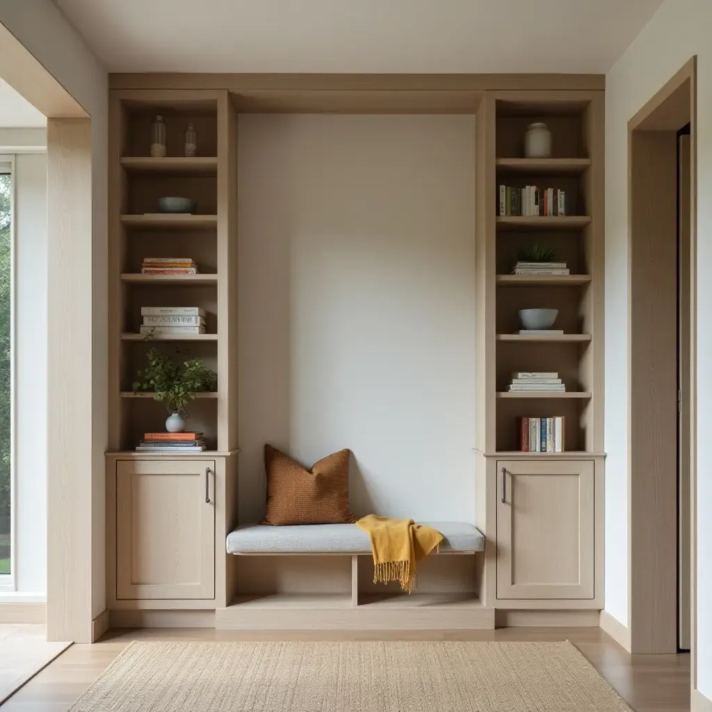 a photo of a contemporary bench with built-in bookshelves in a corridor