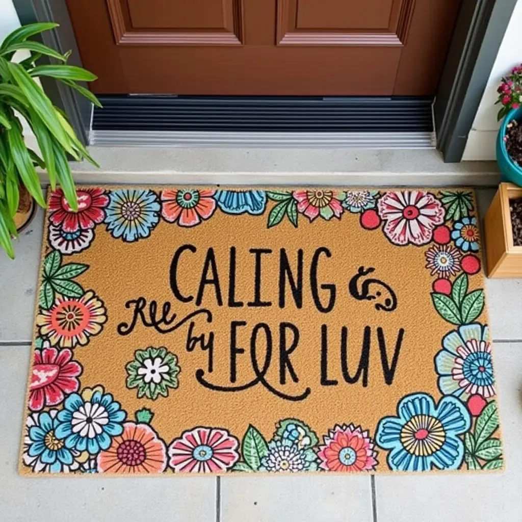 a photo of a colorful DIY welcome mat with painted designs