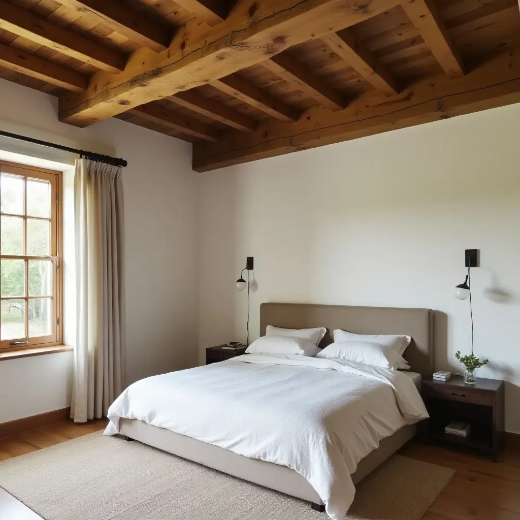 a photo of a rustic wood beam ceiling in a bedroom