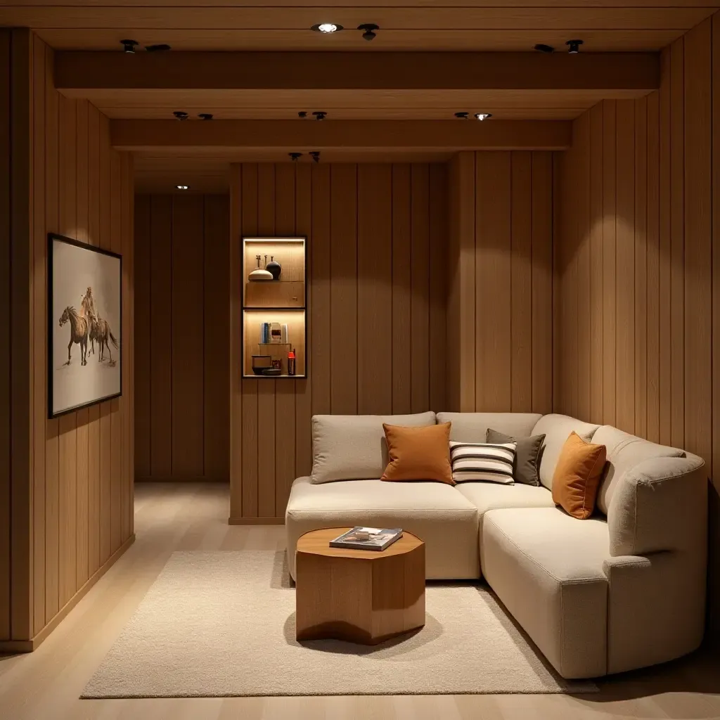 a photo of a cozy basement corner with wooden elements