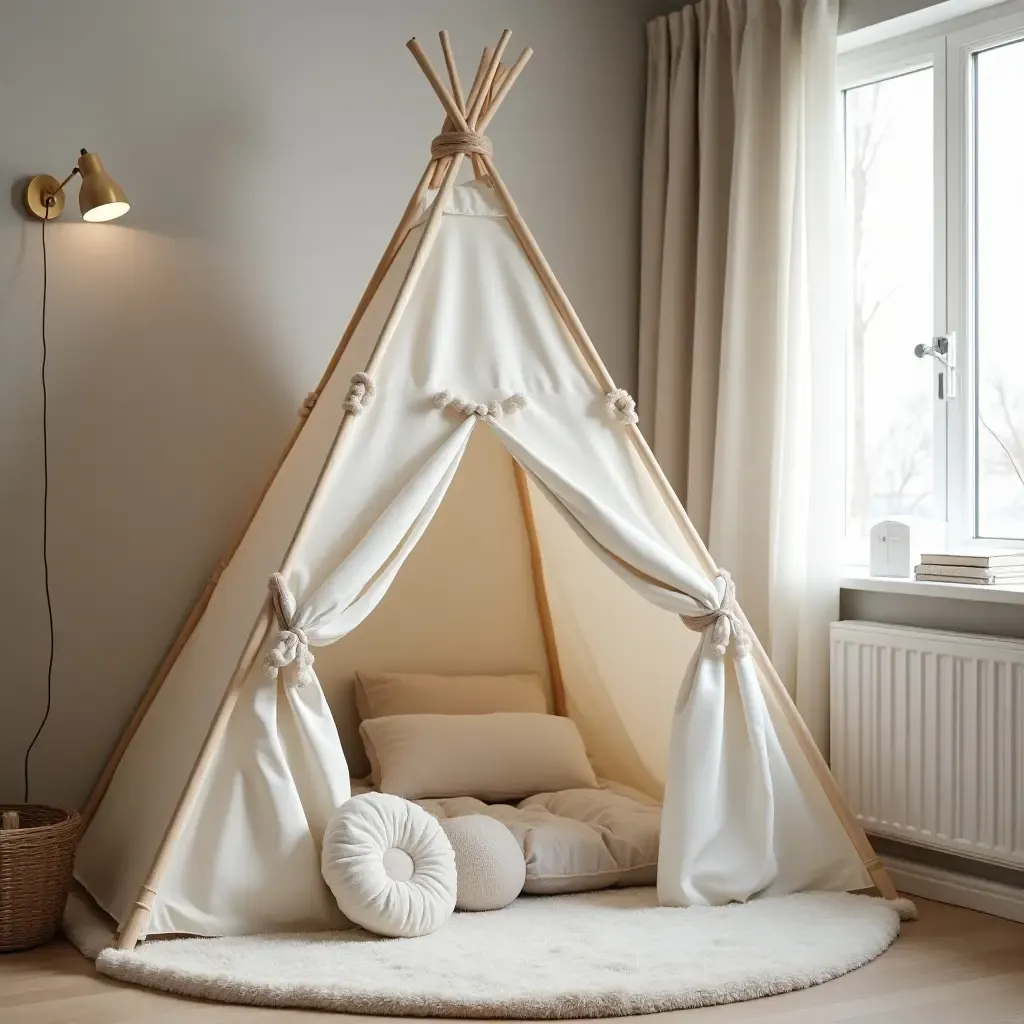 a photo of a playful tent fort in a bedroom corner