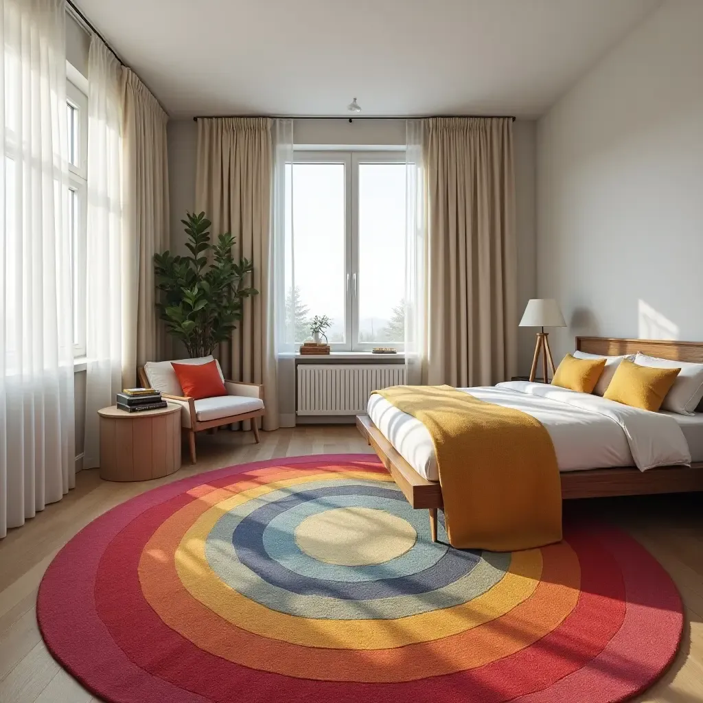 a photo of a vibrant rainbow rug in a cozy bedroom