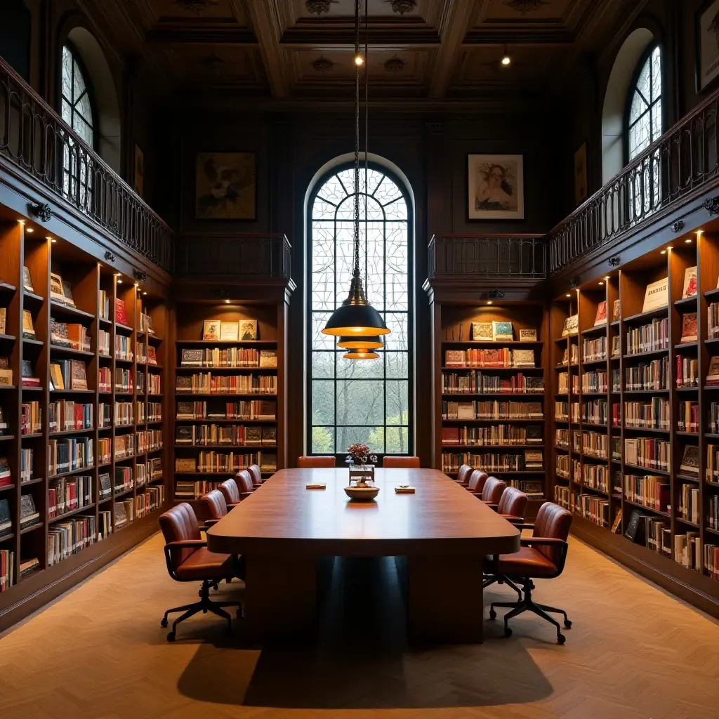 a photo of a spacious library with a large central table for reading