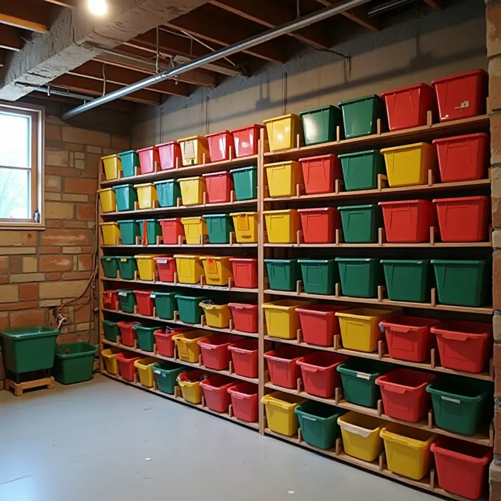 a photo of a basement with a wall of colorful storage bins