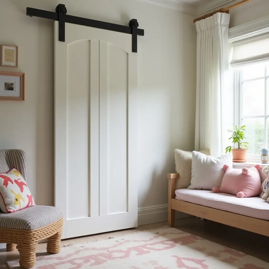 a photo of a charming kids&#x27; bedroom with a barn door and cozy reading nook