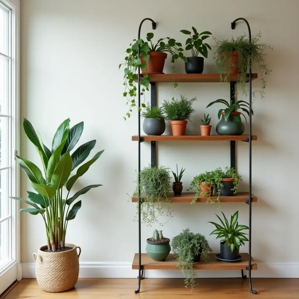 a photo of a whimsical plant shelf displaying various indoor plants near the door