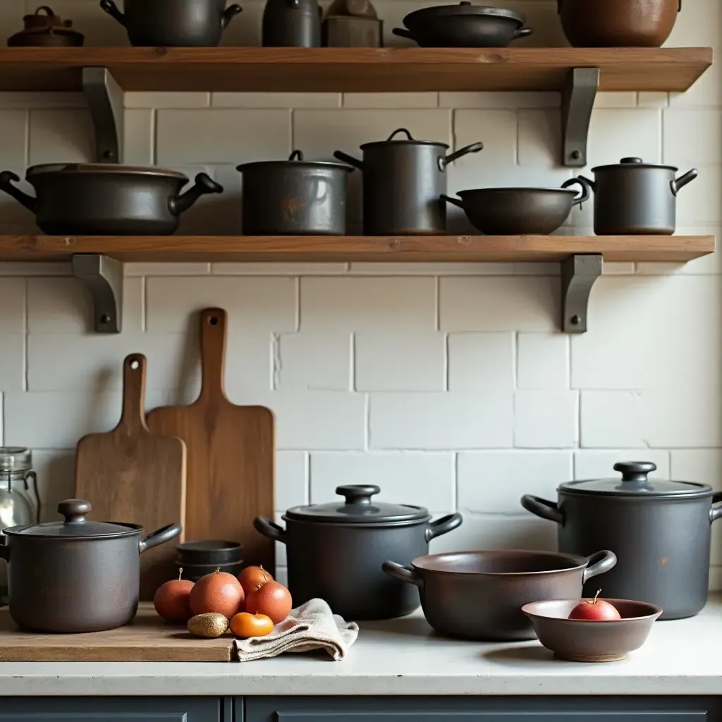 a photo of old-fashioned cookware displayed in a contemporary kitchen