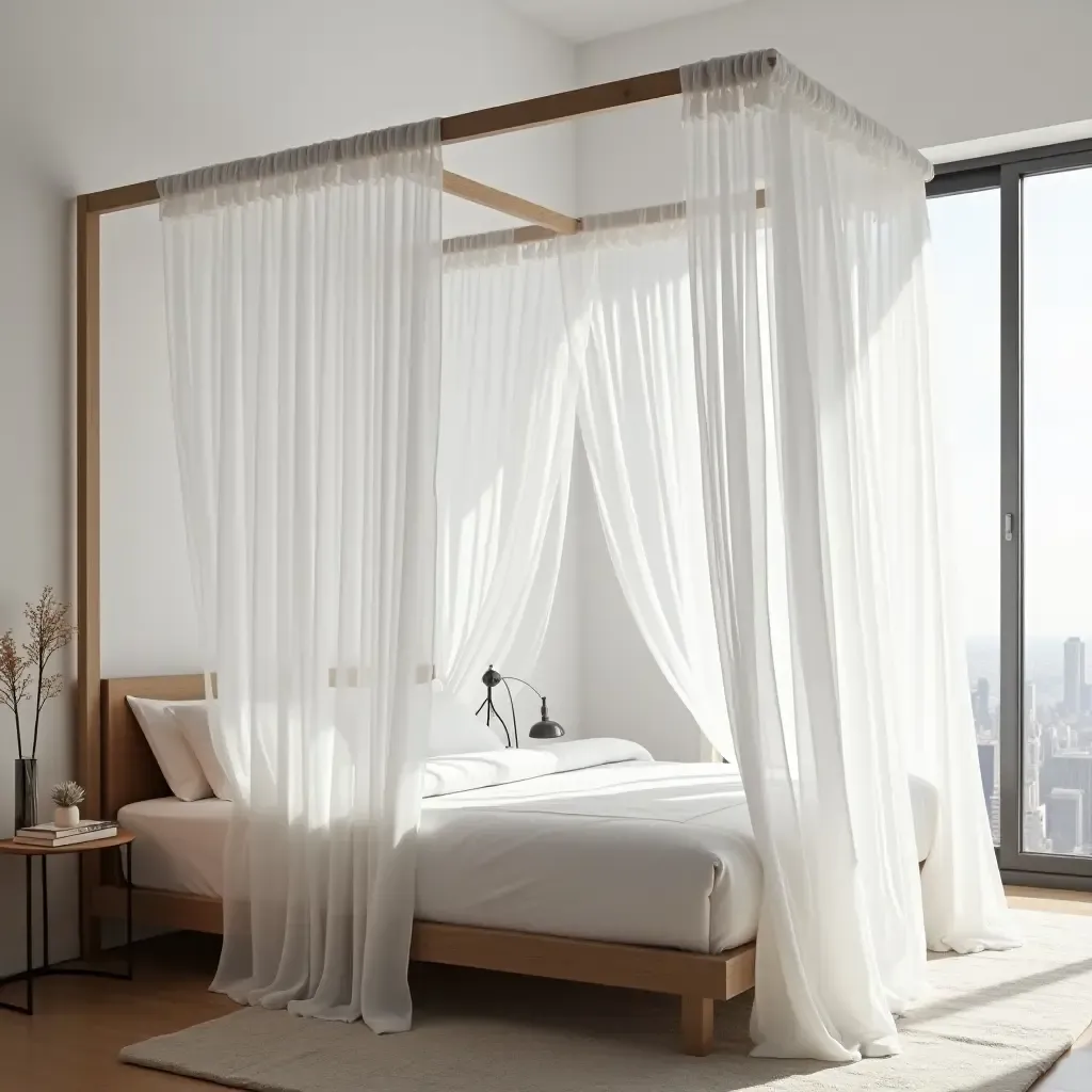 a photo of a modern canopy bed with sheer white curtains