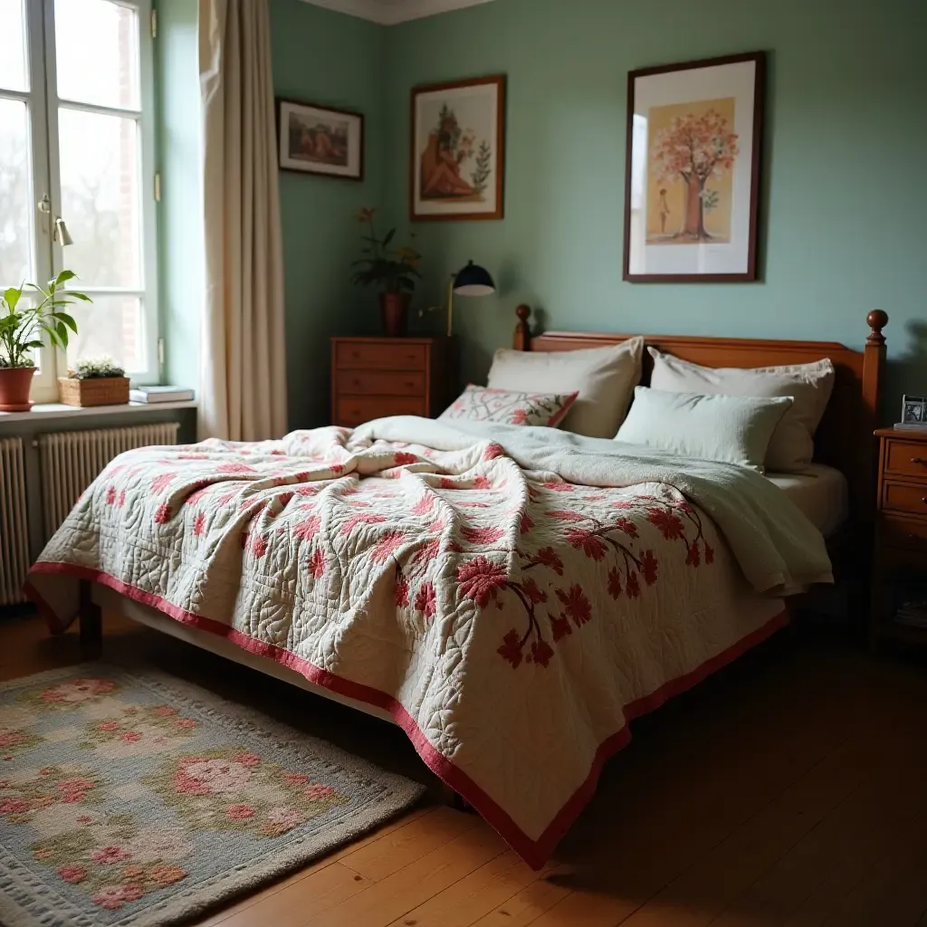 a photo of a classic quilt draped over a vintage bed in a teen&#x27;s room