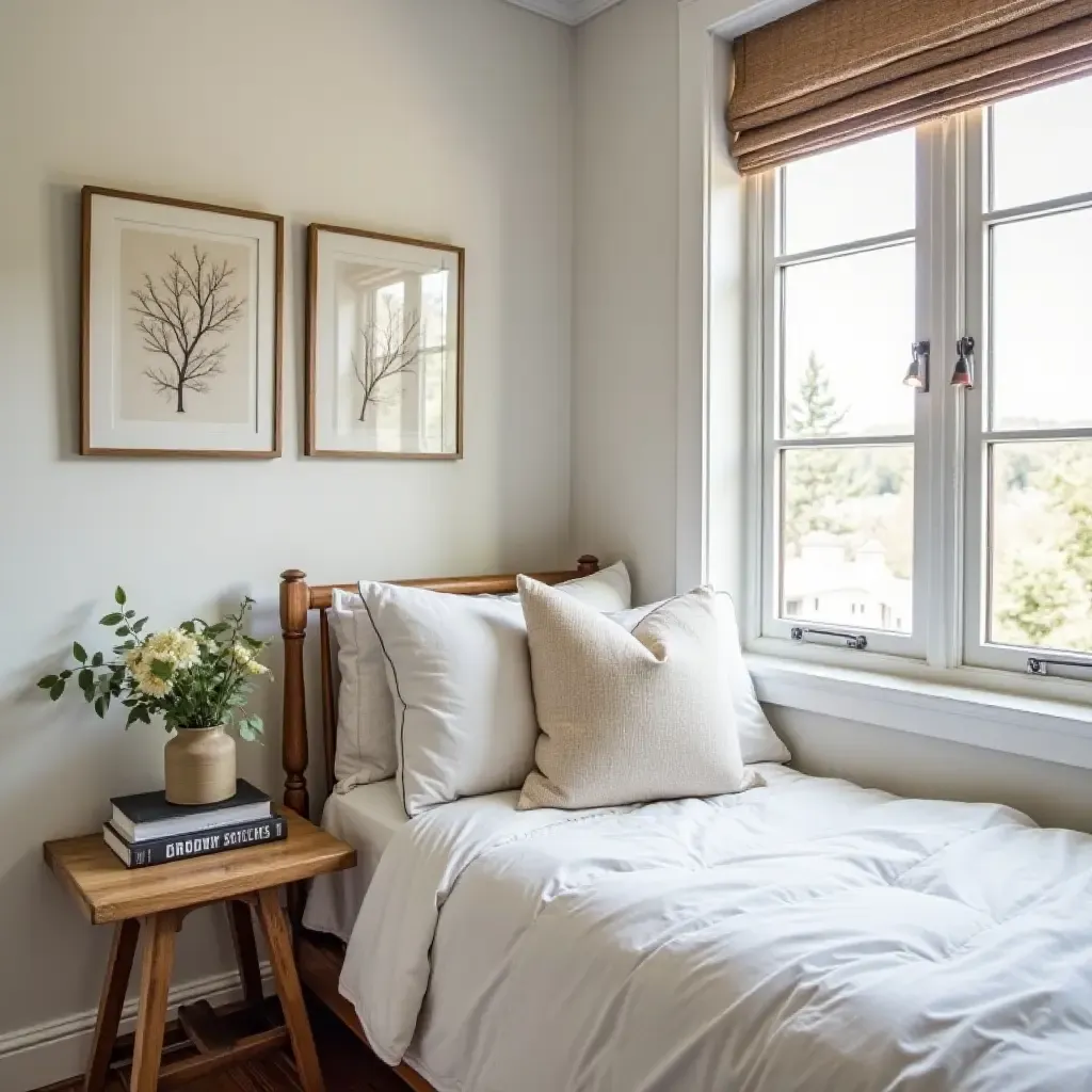 a photo of a cozy nook in a bedroom with farmhouse decor and books