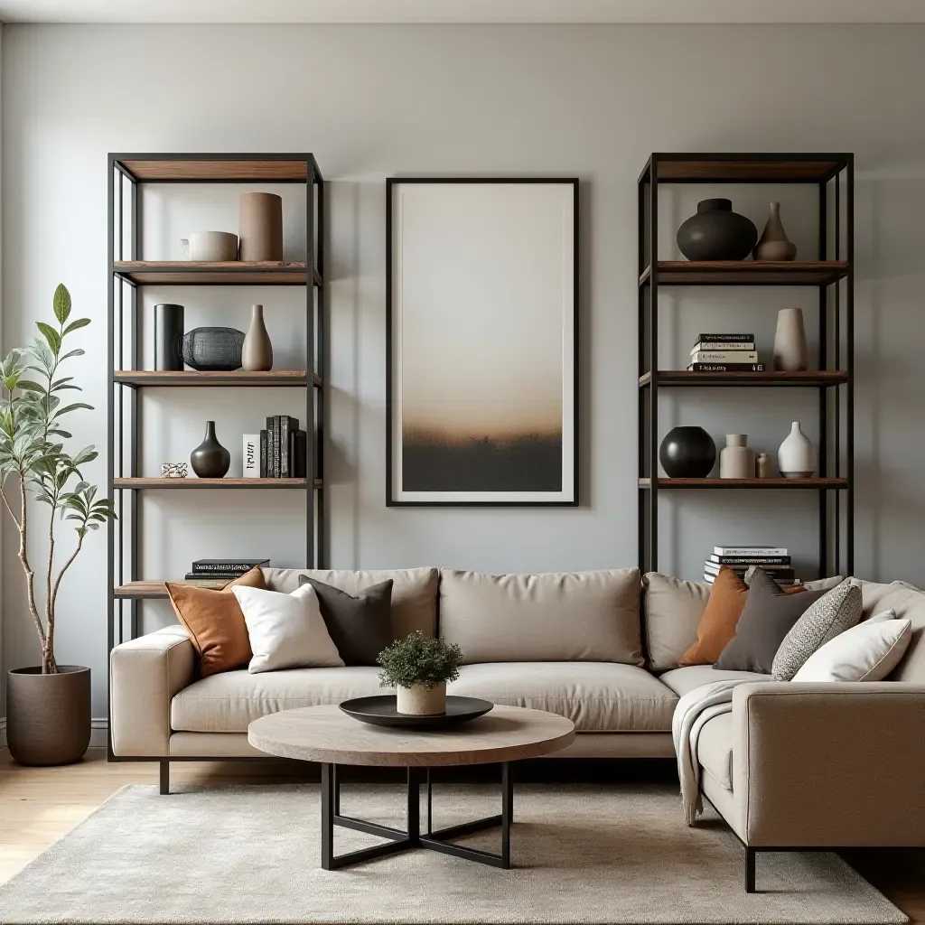 a photo of a living room showcasing metal bookcases and reclaimed wood accents