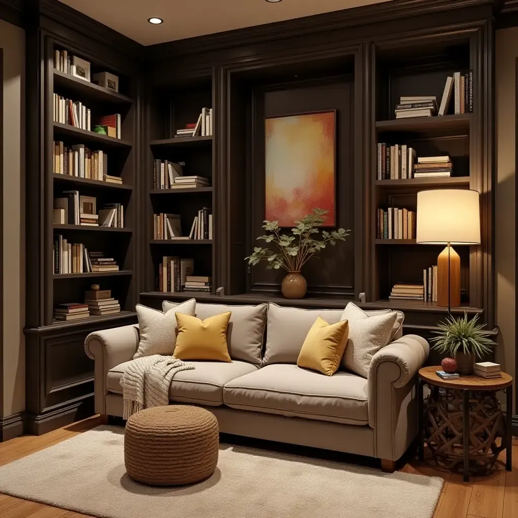 a photo of a cozy reading nook in a basement with organized bookshelves