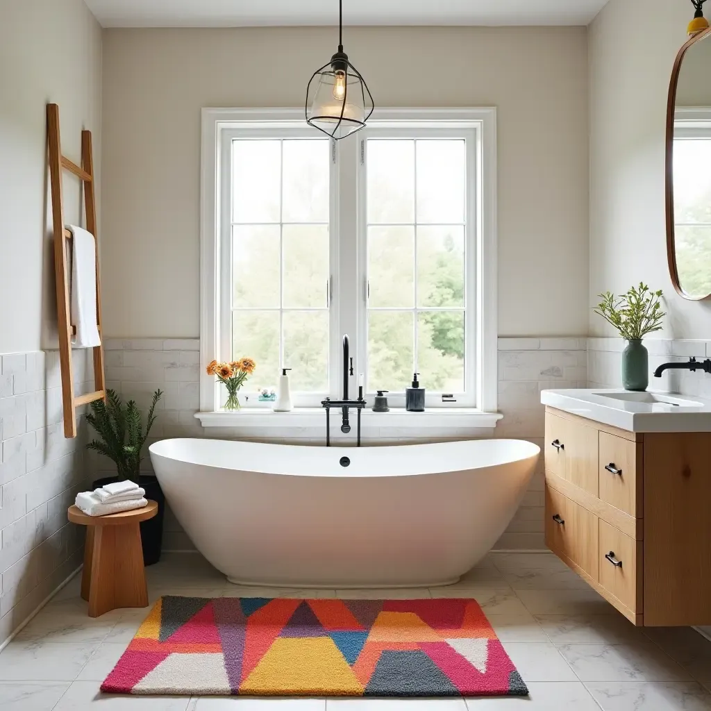 a photo of a colorful patchwork rug in a eclectic bathroom