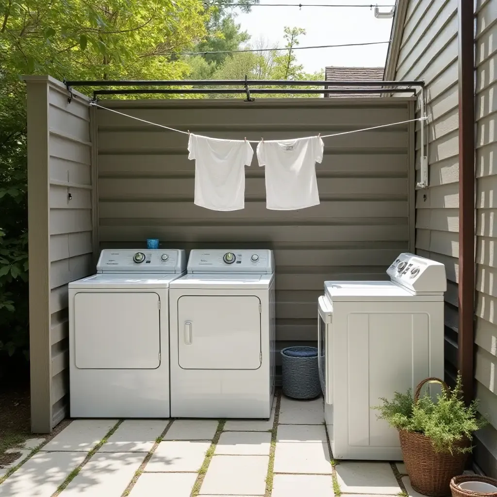 a photo of a functional outdoor laundry area with a retractable clothesline and weather-resistant cabinets